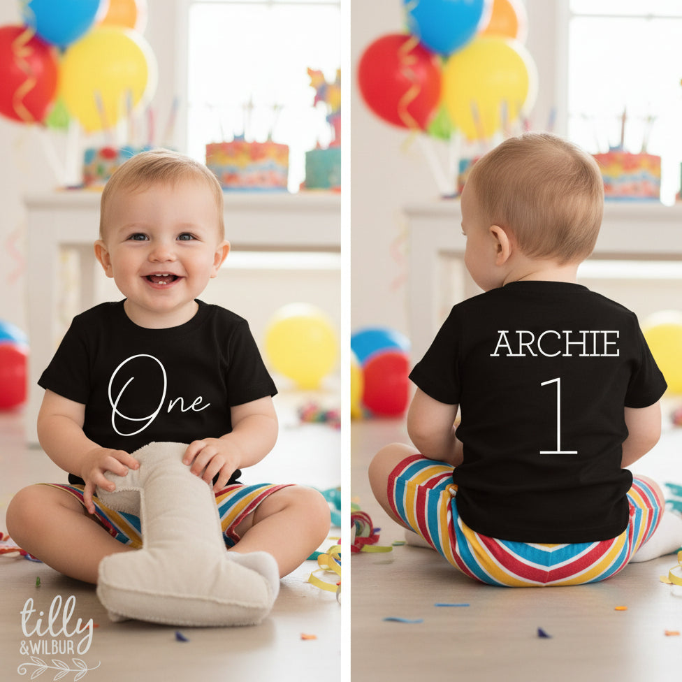 Black kids t-shirt with One in script on the front and a personalised name and age on the back.