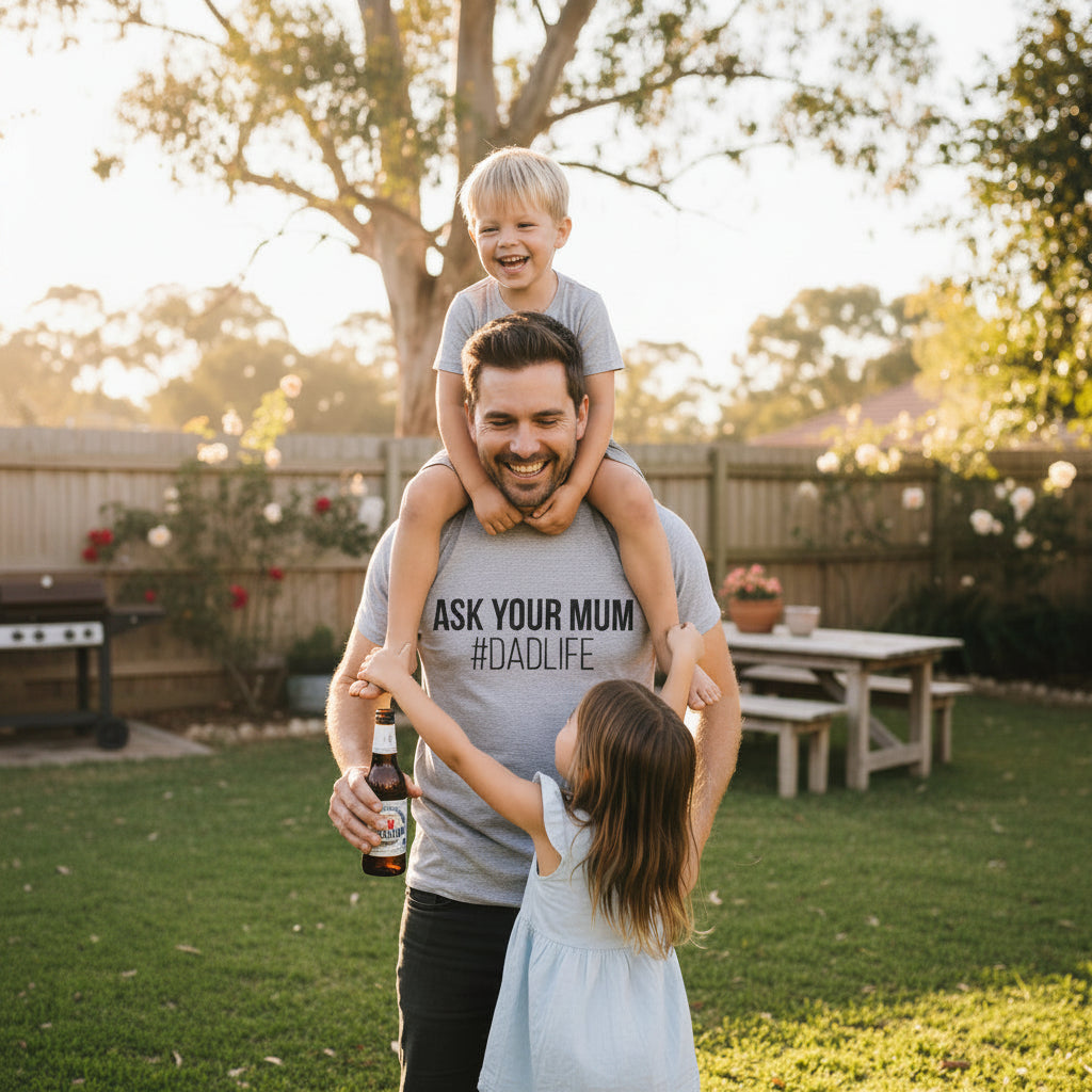 grey t-shirt with ask your mum #dadlife printed in black