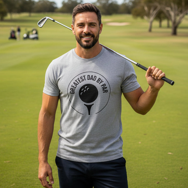 grey t-shirt with a golf ball and tee emblem reading Greatest Dad By Par.