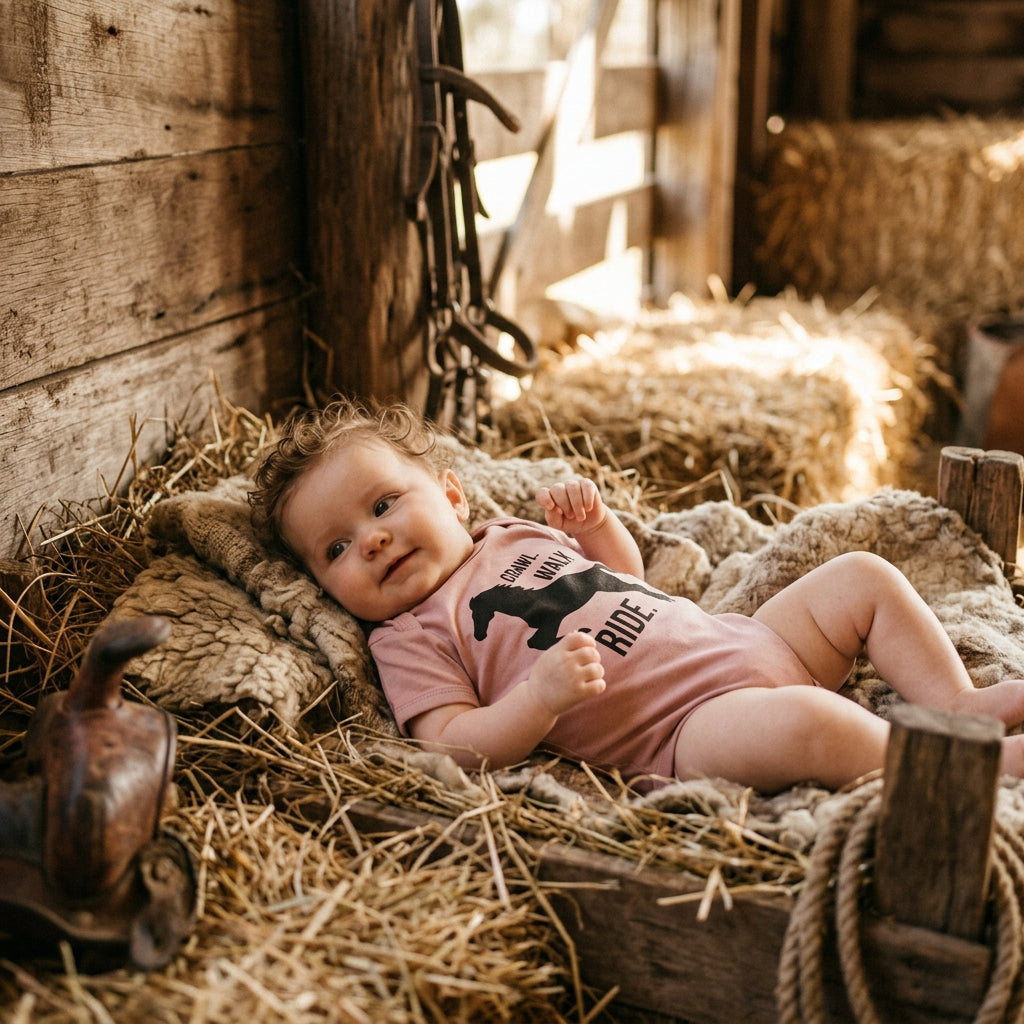 Baby bodysuit with a galloping horse silhouette and the words Crawl Walk Ride.