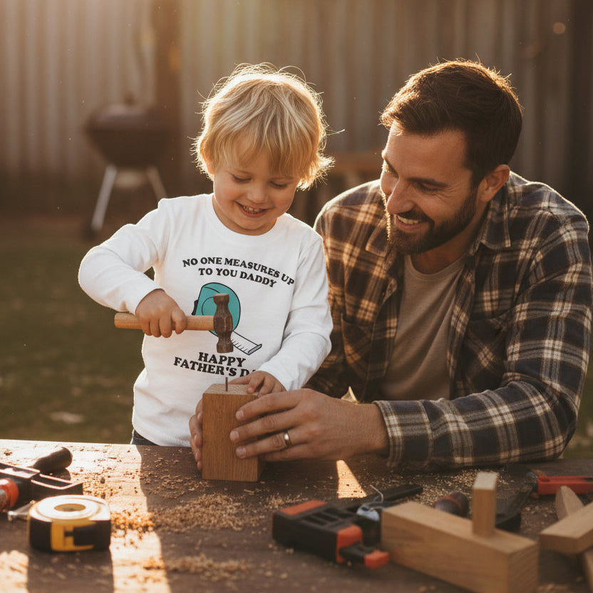 White kids t-shirt with a tape measure design and text reading No One Measures Up To You Daddy, Happy Father's Day.
