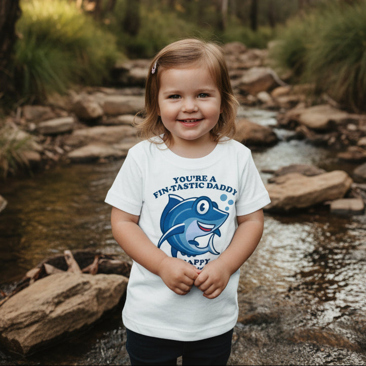 girl wearing a white t-shirt with a cartoon shark reading You're A Fin-Tastic Daddy, Happy Father's Day.