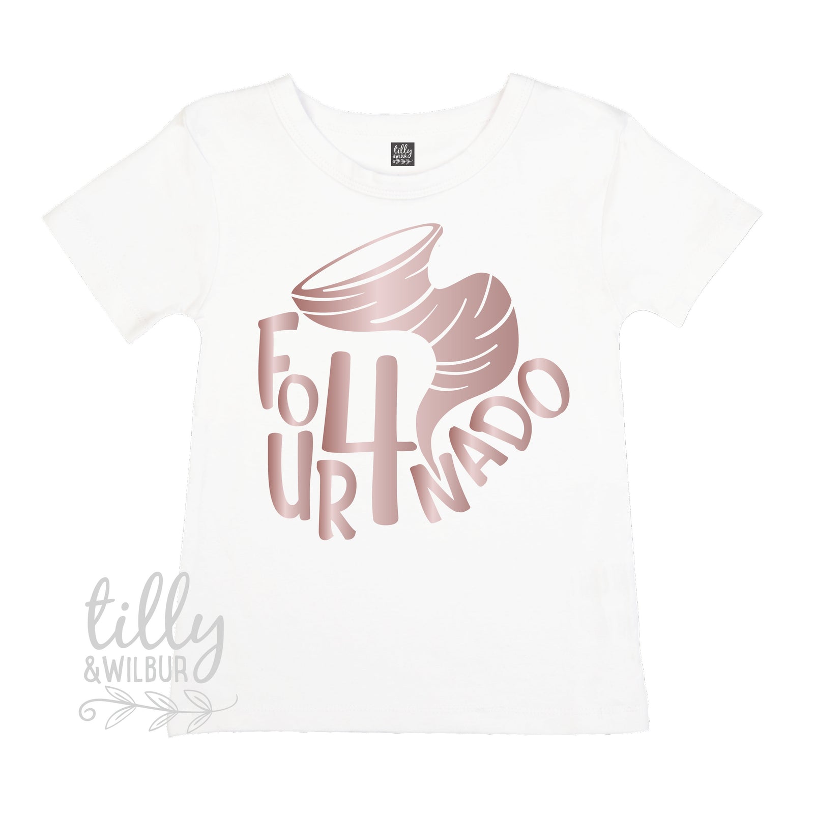 White t-shirt with pink mermaid-themed design and 'tilly & wilbur' branding.
