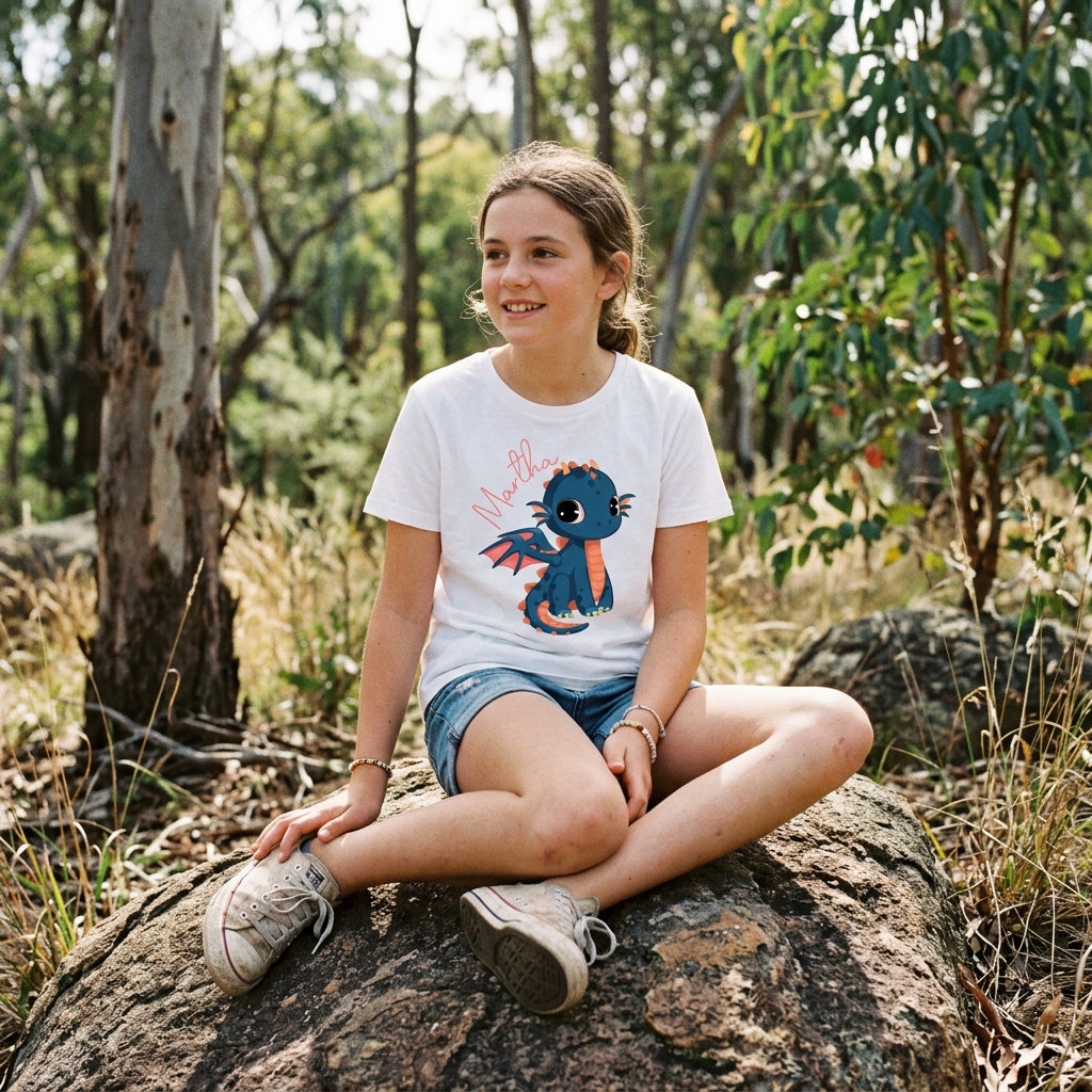 A young girl sitting cross-legged on a large rock in a wooded outdoor setting, wearing a white graphic t-shirt with a cartoon blue dragon and denim shorts.