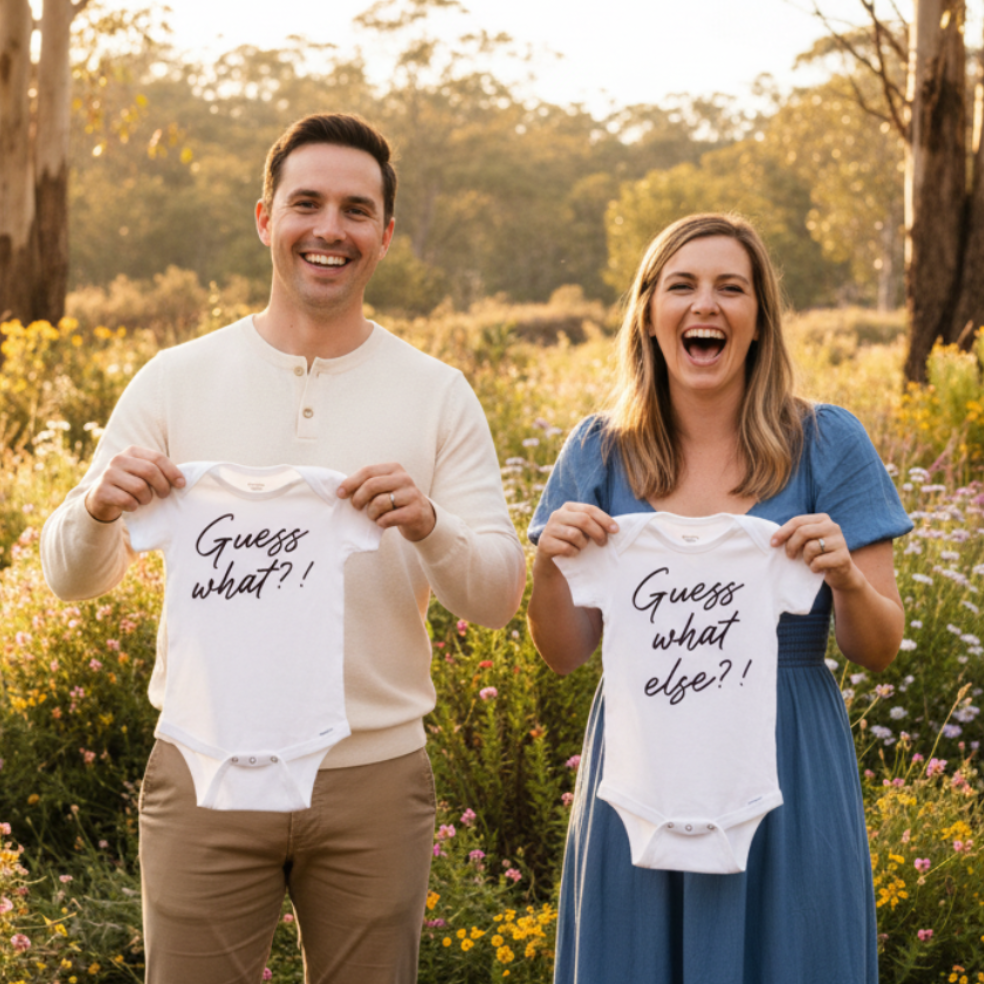 Guess What Twin Bodysuits – Twin Pregnancy Announcement Set