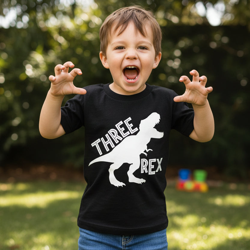 Grey kids Three Rex t-shirt with bold black T-Rex silhouette design styled with denim jeans