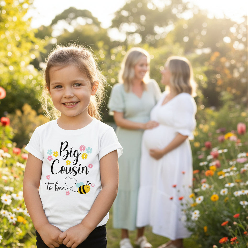 Smiling young girl wearing a white Big Cousin To Bee t-shirt with bee and flowers design, with her pregnant aunty in the background