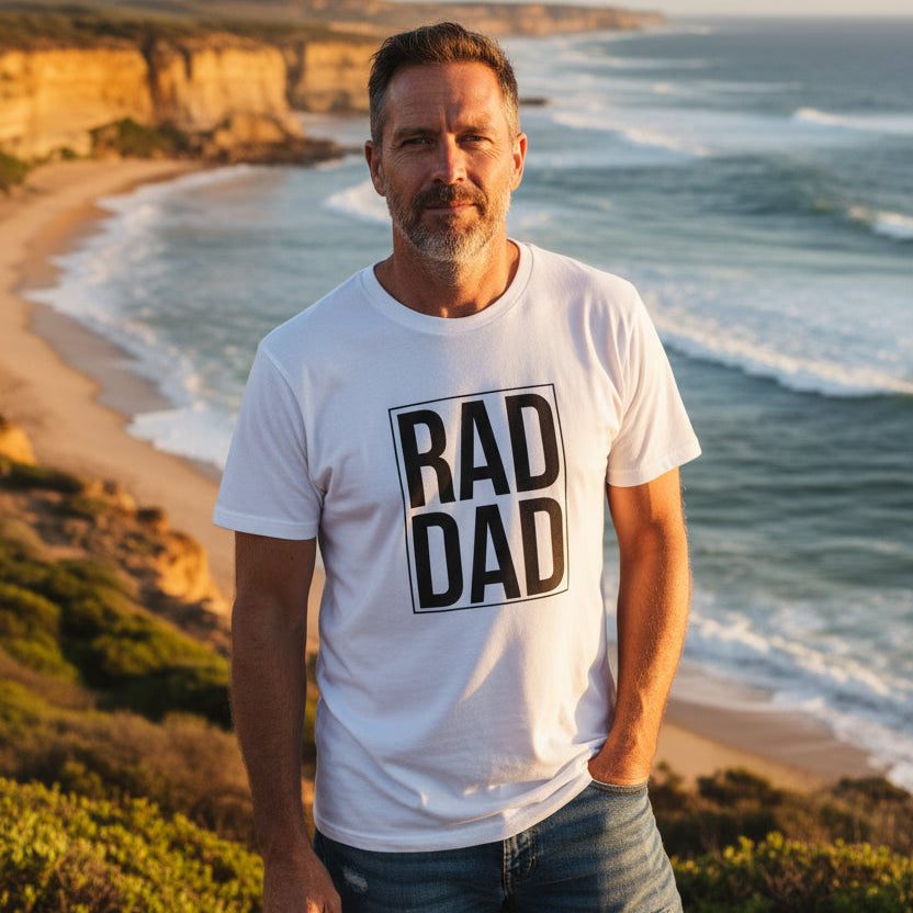 white t-shirt with a large boxed print reading Rad Dad.