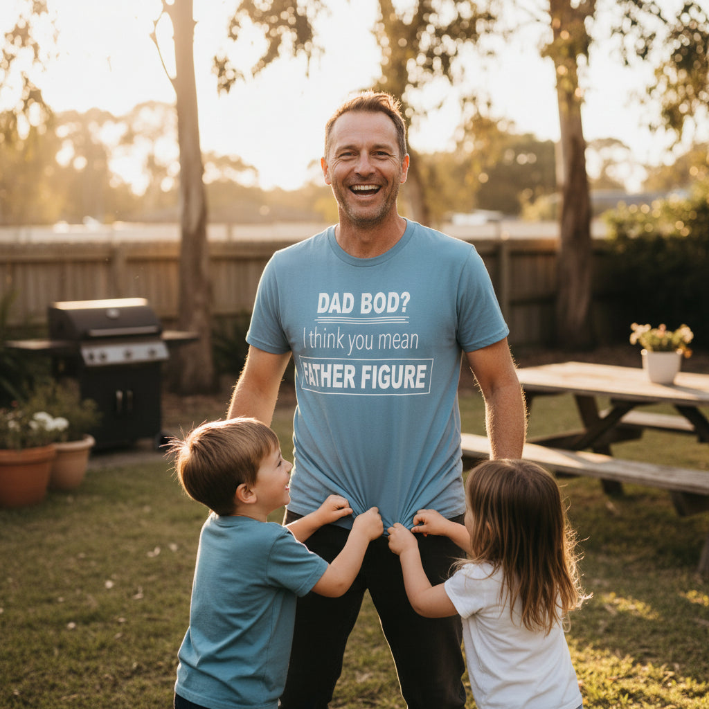 Blue t-shirt reading Dad Bod? I think you mean Father Figure in bold white lettering.