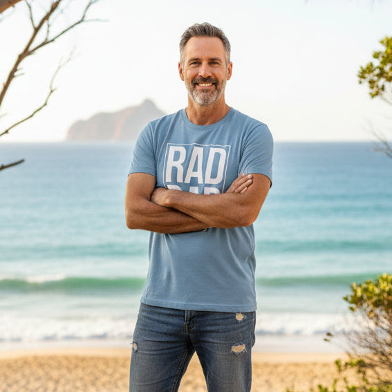 Blue t-shirt with a large boxed print reading Rad Dad.