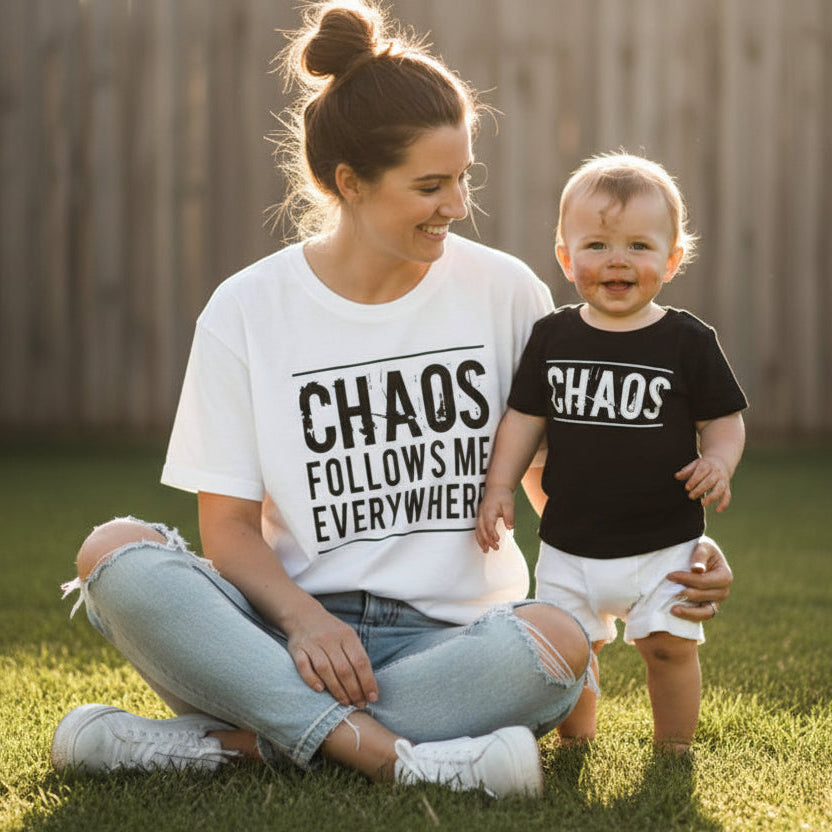 Chaos Follows Me Everywhere Mum Shirt | Funny Mother’s Day T-Shirt | Matching Mum and Baby Outfit | New Mum Gift