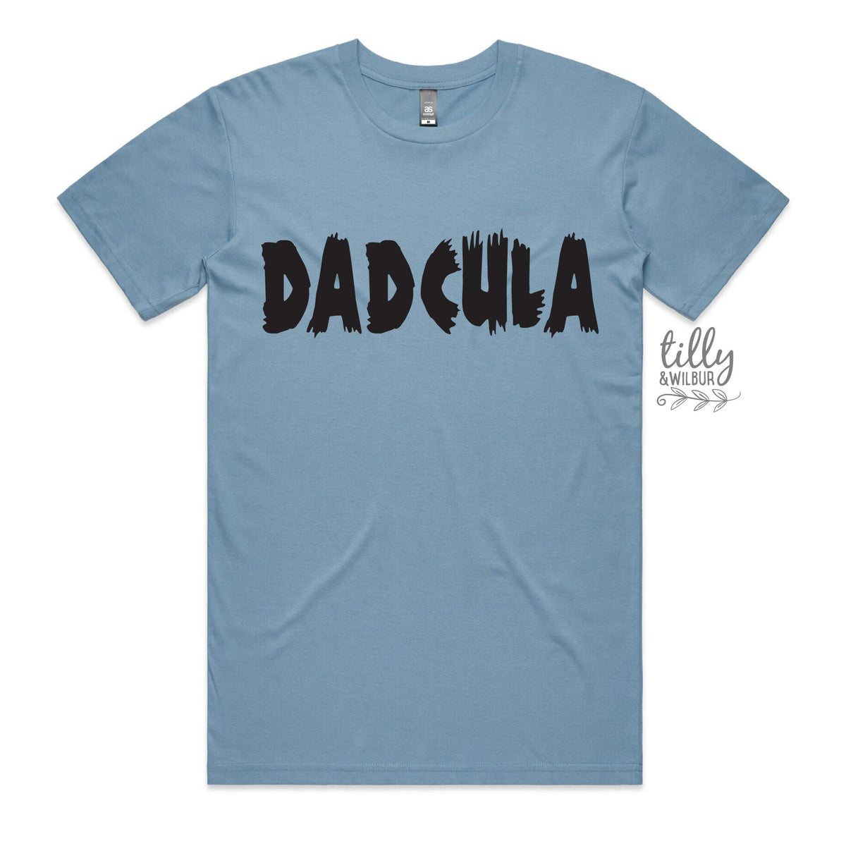 Blue t-shirt with &#39;DADCULA&#39; text on a white background