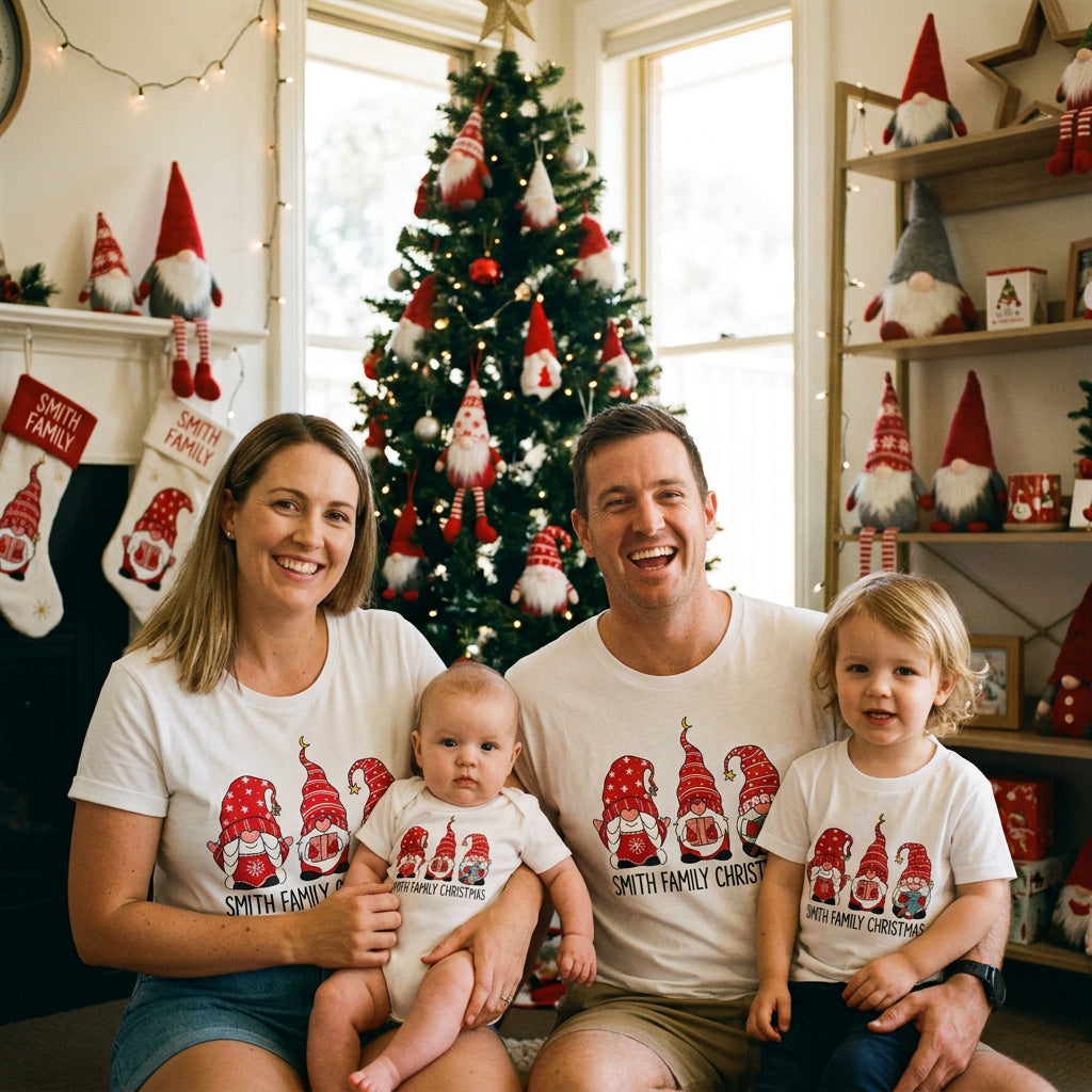 Matching white family Christmas t-shirts and baby bodysuit printed with three gnomes in red hats and the words "Smith Family Christmas"