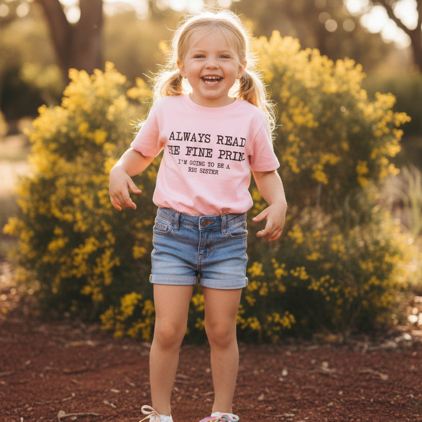 Pink short sleeve kids t-shirt with Always Read The Fine Print Im Going To Be A Big Sister announcement design laid flat