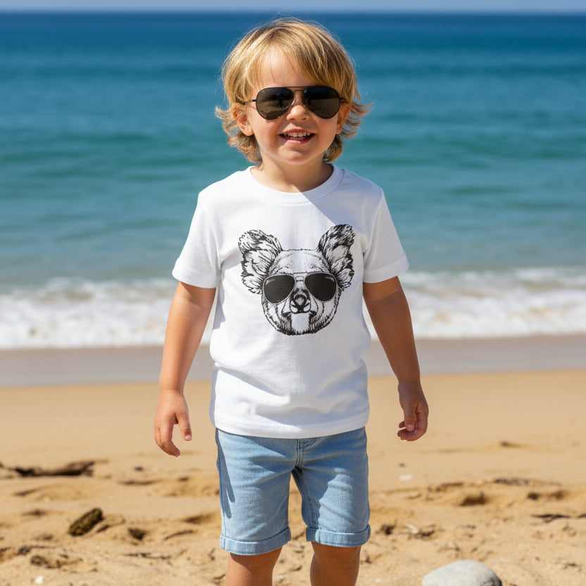 Young boy at the beach wearing a white t-shirt with a hand-drawn koala wearing aviator sunglasses design