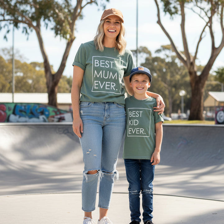 Mother and child wearing matching Best Mum Ever and Best Kid Ever shirts outdoors, Mother’s Day gift set