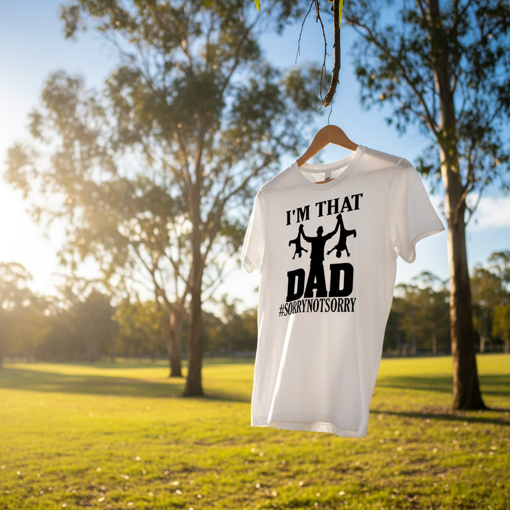 White t-shirt with a dad swinging two kids design reading I'm That Dad #SorryNotSorry.