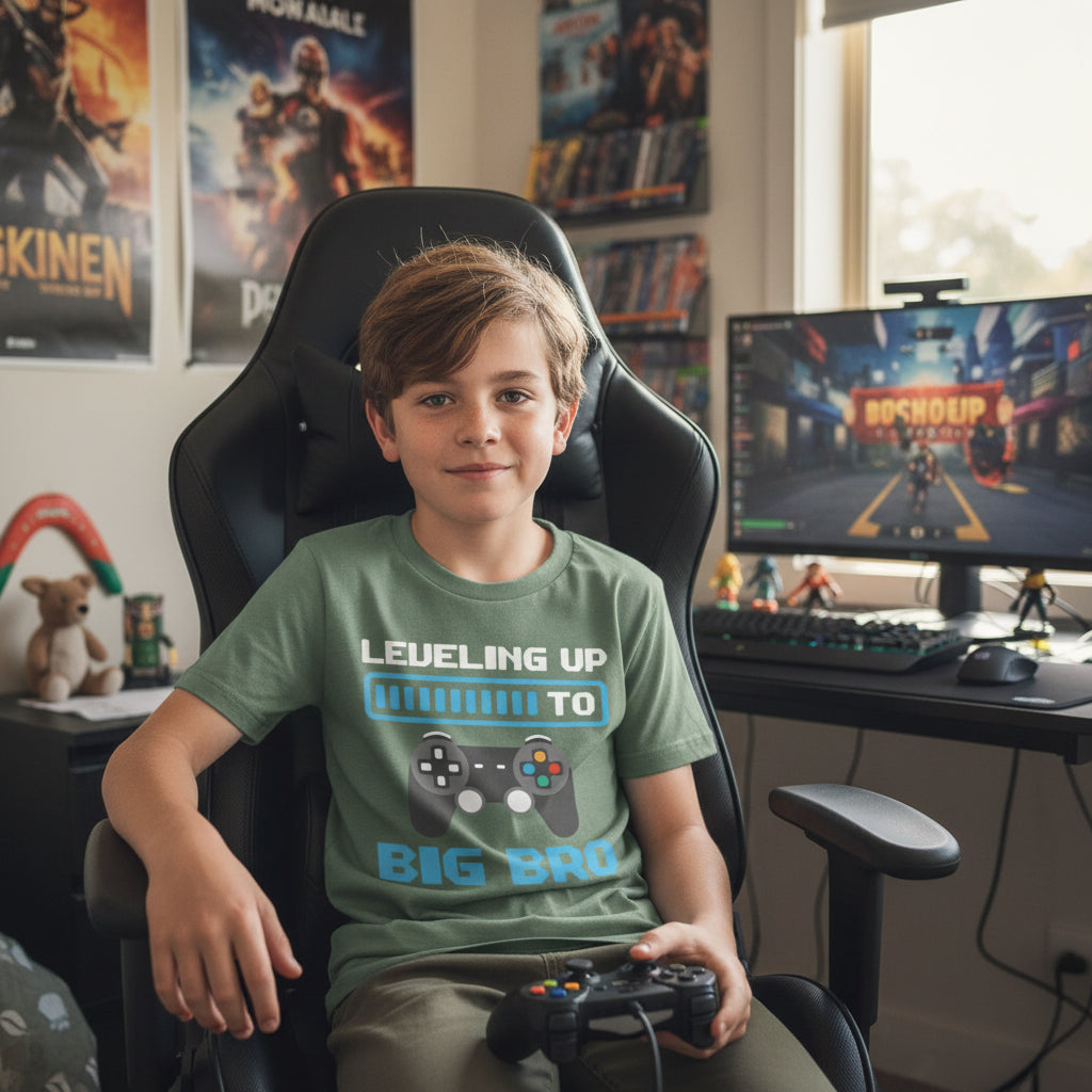 Boy in a gaming chair wearing a green t-shirt with a controller design that reads Levelling Up To Big Bro.