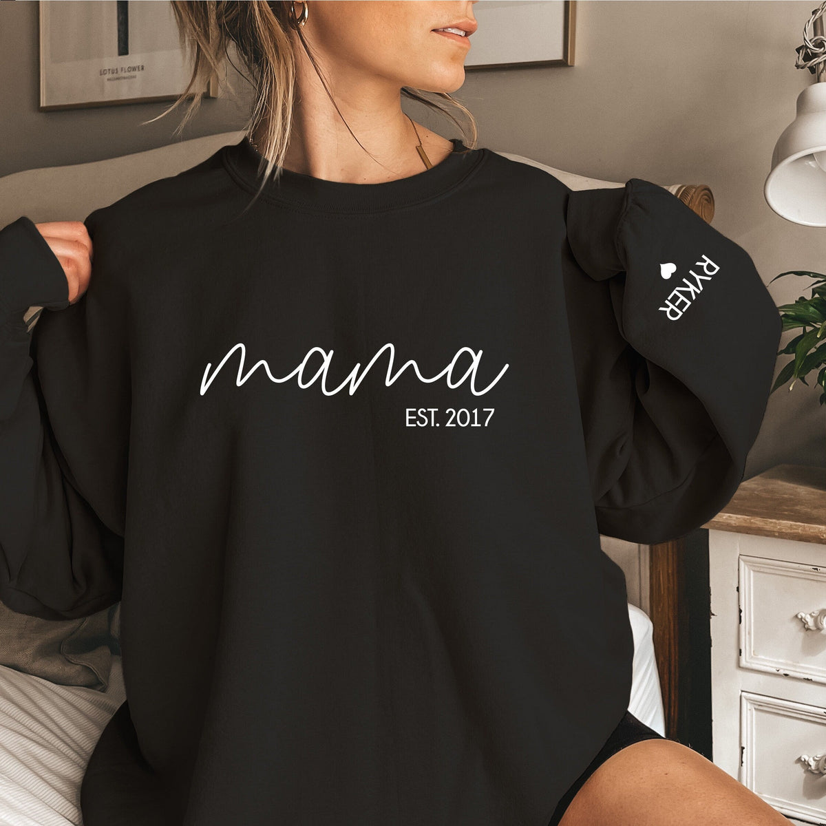 Personalised mama sweatshirt with custom est year and sleeve name detail black jumper Australia