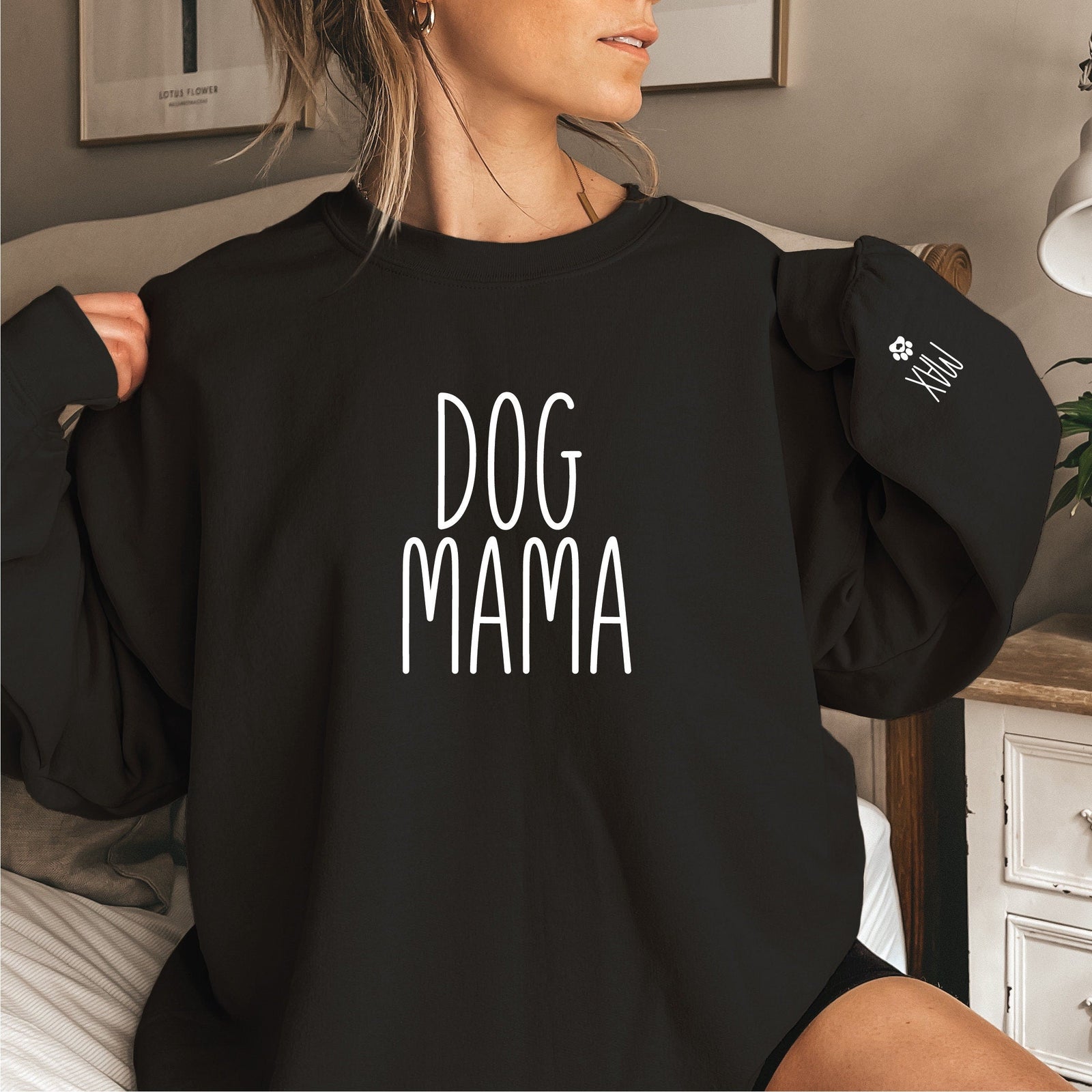 Personalised dog mama sweatshirt with dog names on sleeve, custom pet name jumper Australia, dog lover gift