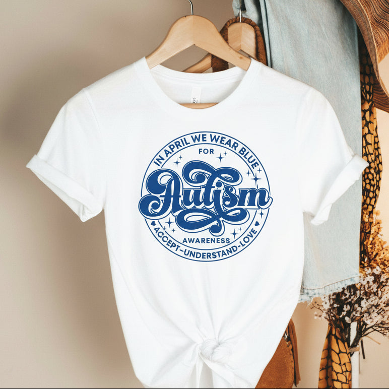 Autism Awareness Shirt Australia | In April We Wear Blue Tee | Autism Badge Design Shirt | Awareness Month | All Sizes