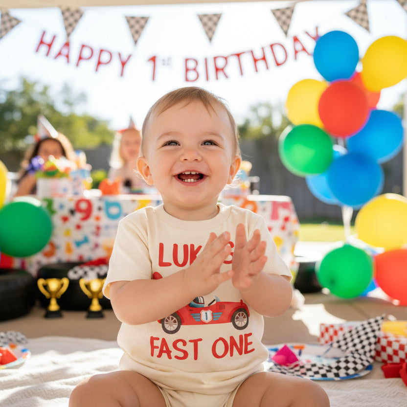 Fast One Birthday Shirt | Race Car First Birthday Shirt Personalised | Boy 1st Birthday Outfit Australia | Custom Name Toddler Birthday Tee