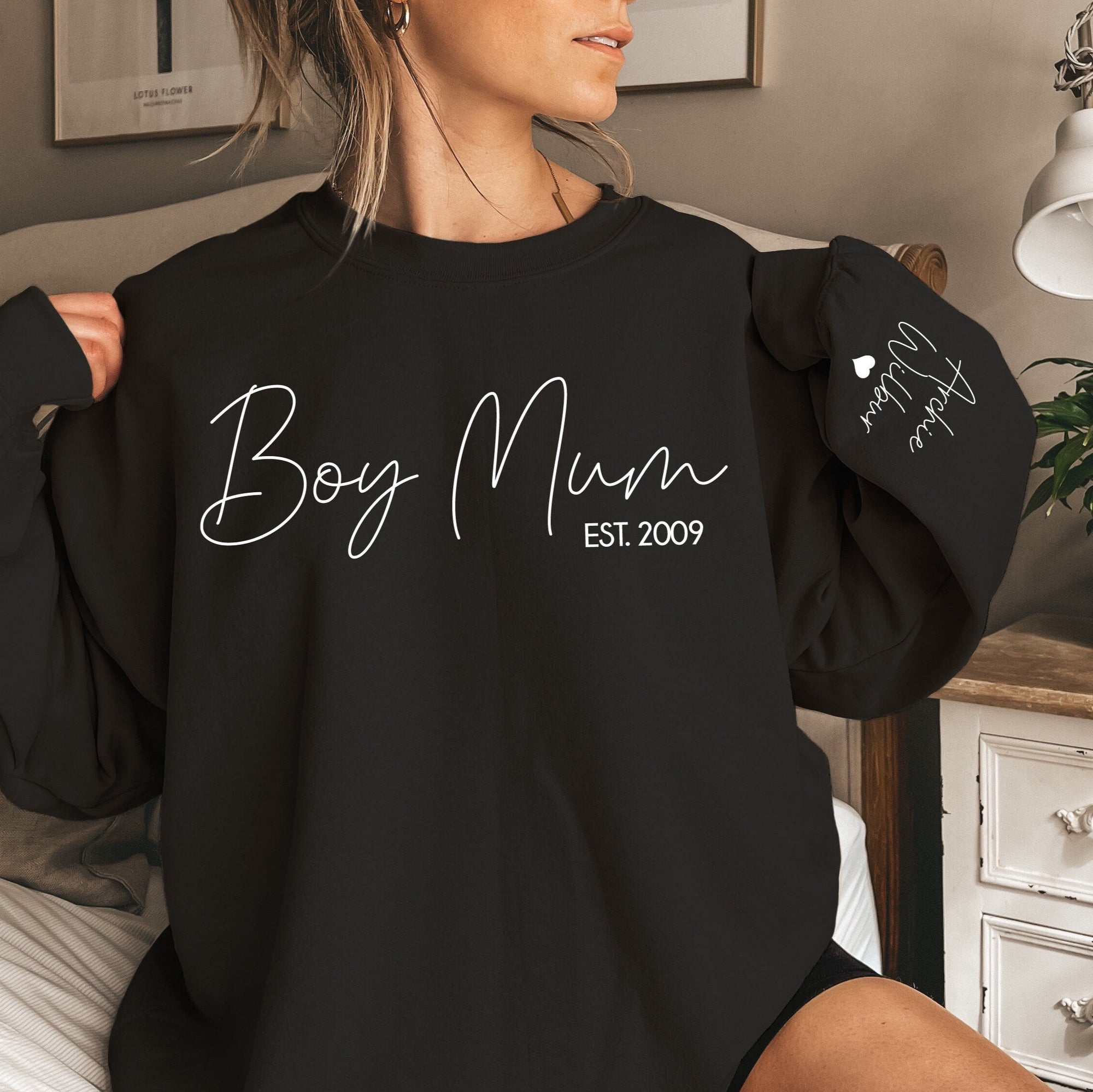 Boy Mum Jumper With Date And Name On Sleeve, Boy Mum Est Sweatshirt, Mothers Day Gift, Personalised Mum Gift, Mum Life Jumper, New Mum Gift