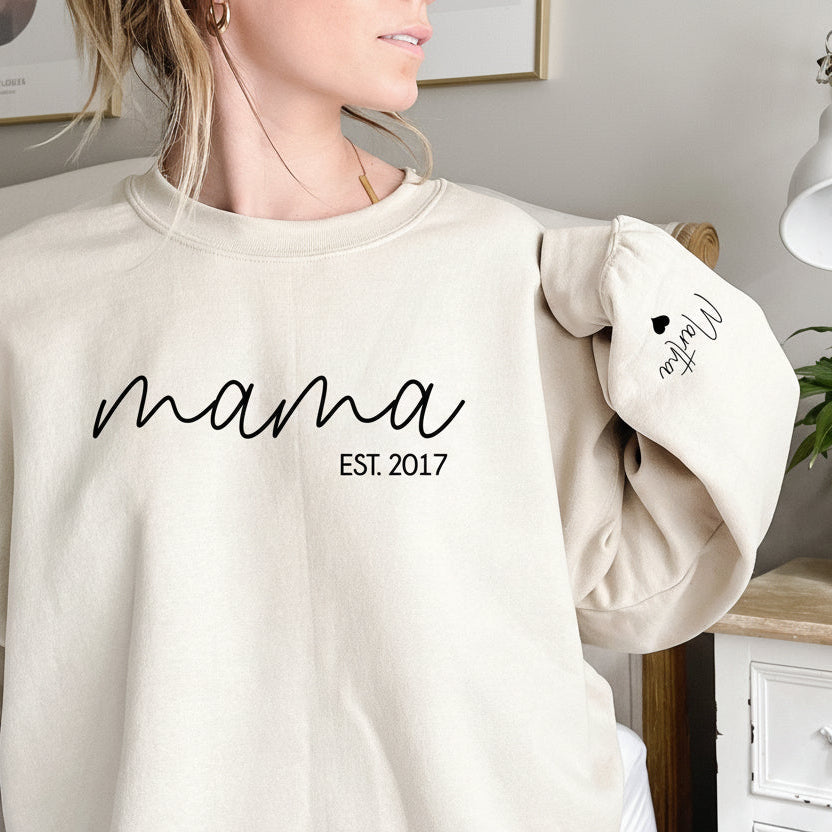 Personalised mama sweatshirt with custom est year and sleeve names beige jumper Australia