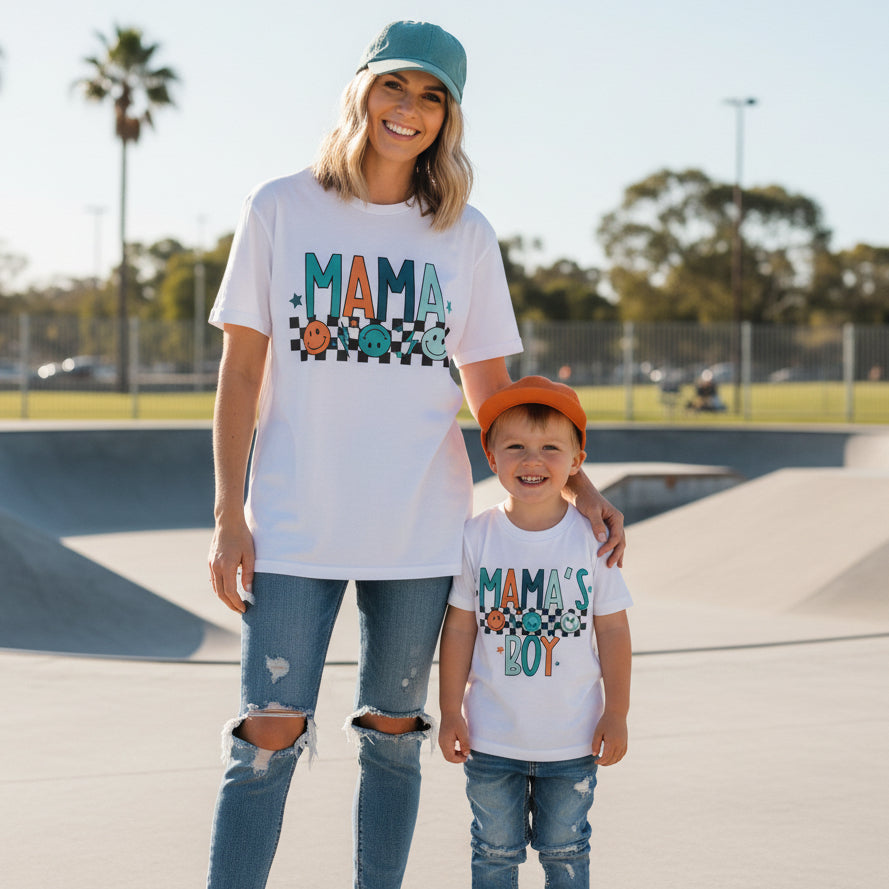 Mama &amp; Mama’s Boy Matching Shirts | Retro Smiley Mum &amp; Son Outfit | Family Matching T-Shirts Hoodies Sweatshirts