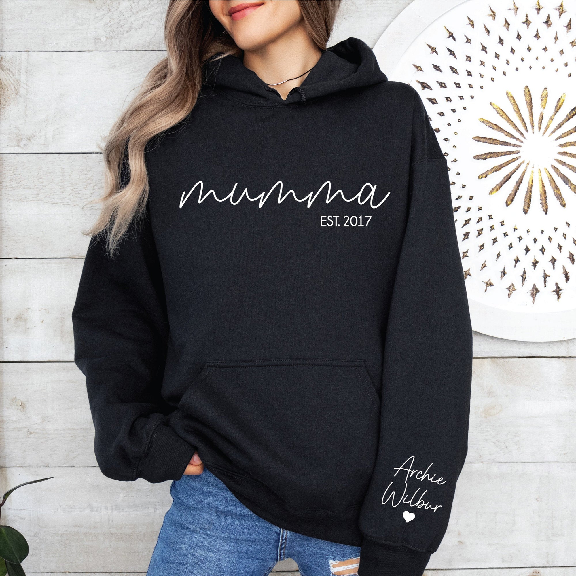 Mumma Hoodie With Name On Sleeve, Mama Est Sweatshirt, Mothers Day Gift, Personalised Mum Gift, Mum Life Jumper, New Mum Hoody, Custom Mama