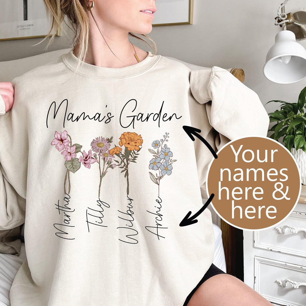 Personalised Garden Sweatshirt With Names, Mama Sweatshirt With Flowers, Mother&#39;s Day Gift, Personalised Mum Gift, Mum Life Jumper, Mumma