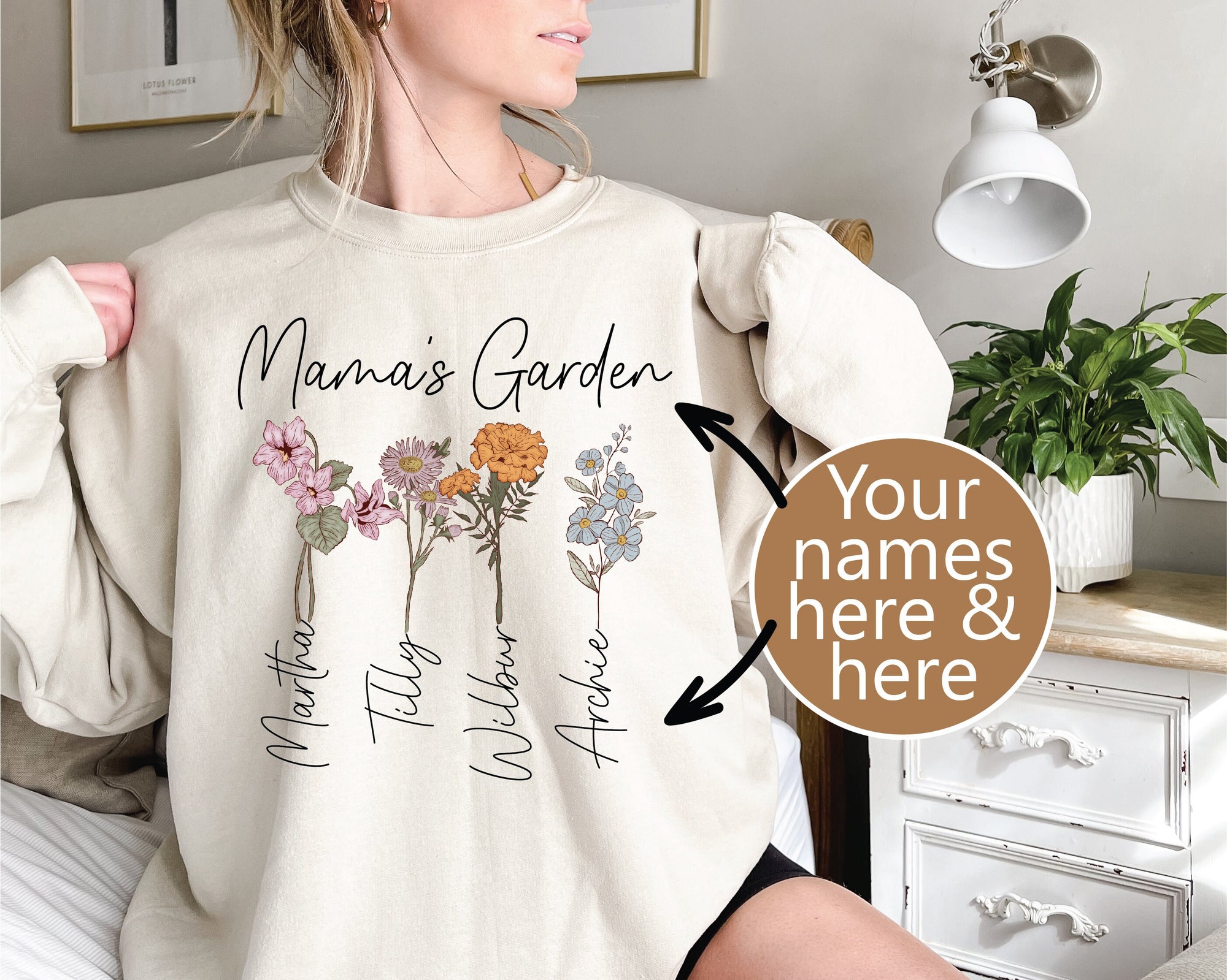 Personalised Garden Sweatshirt With Names, Mama Sweatshirt With Flowers, Mother's Day Gift, Personalised Mum Gift, Mum Life Jumper, Mumma