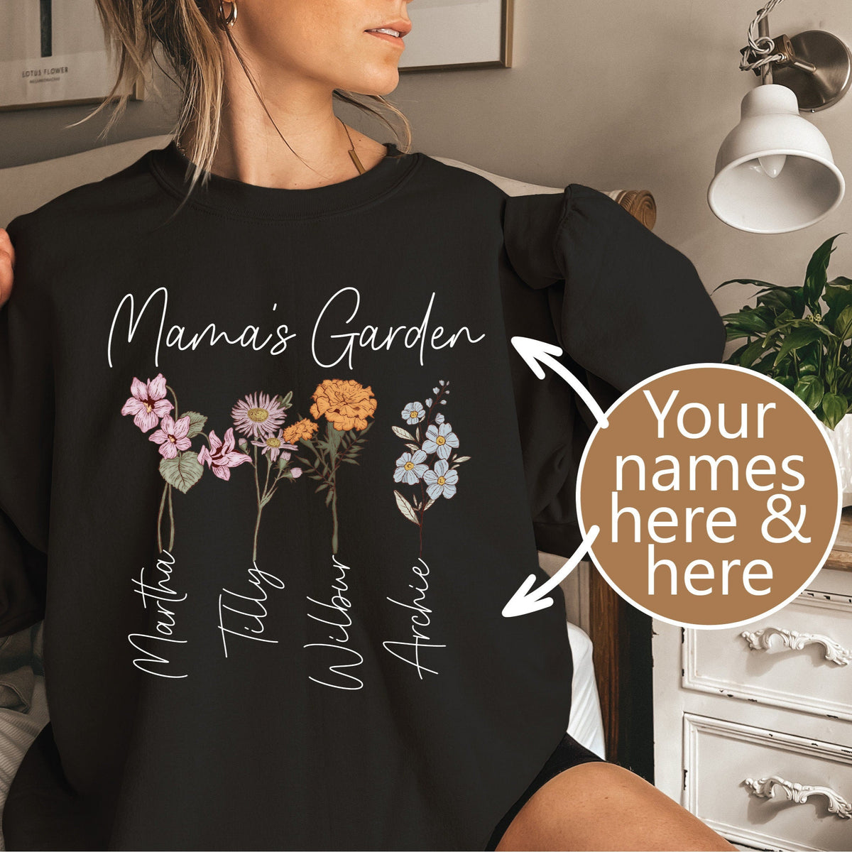 Personalised Garden Sweatshirt With Names, Mama Sweatshirt With Flowers, Mother&#39;s Day Gift, Personalised Mum Gift, Mum Life Jumper, Mumma