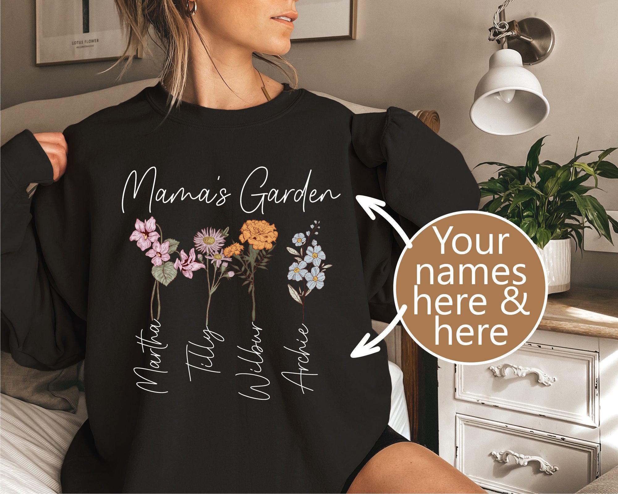 Personalised Garden Sweatshirt With Names, Mama Sweatshirt With Flowers, Mother's Day Gift, Personalised Mum Gift, Mum Life Jumper, Mumma
