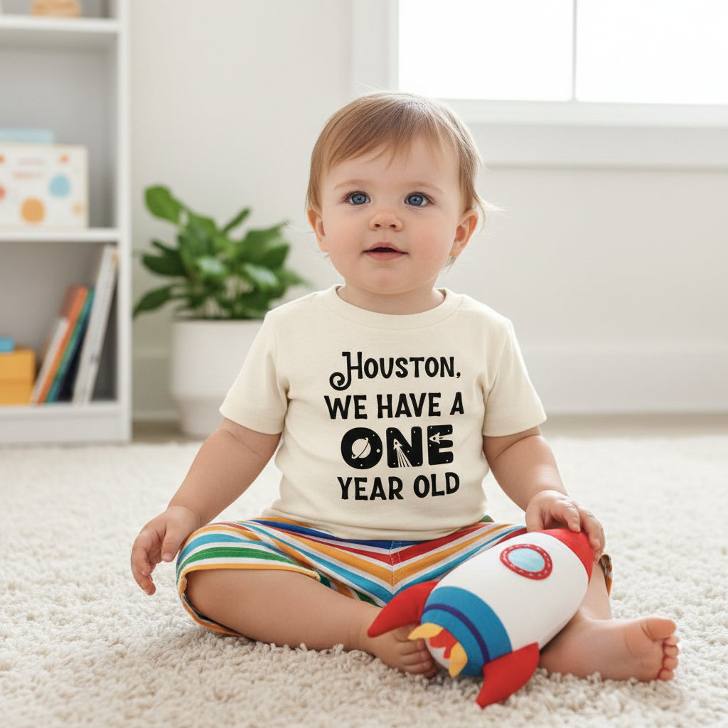 Natural kids t-shirt with a space design reading Houston We Have A One Year Old.