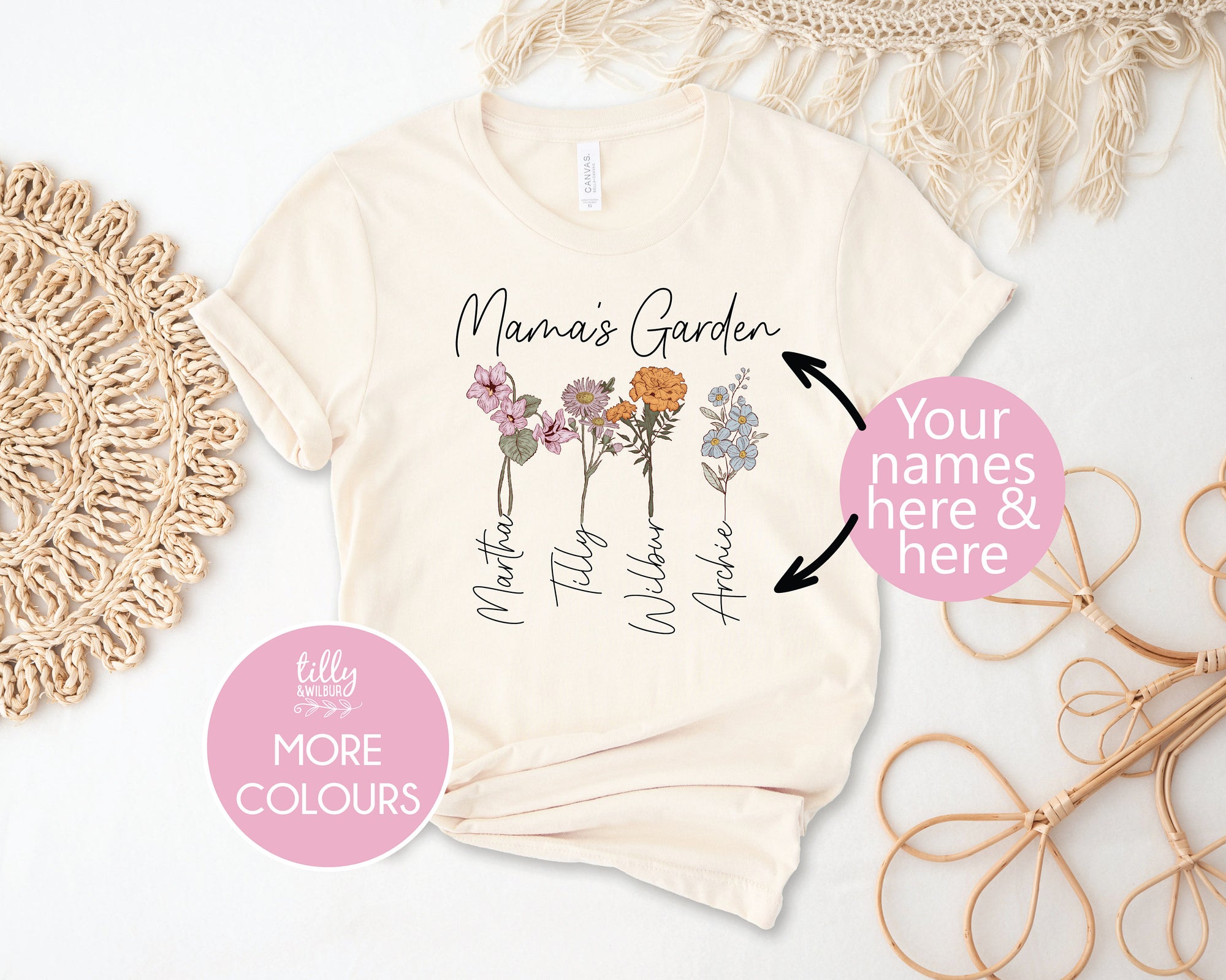 Personalised Garden T-Shirt With Names, Mama TShirt With Flowers, Mother's Day Gift, Personalised Mum Gift, Mum Life Shirt, Grandma's Garden