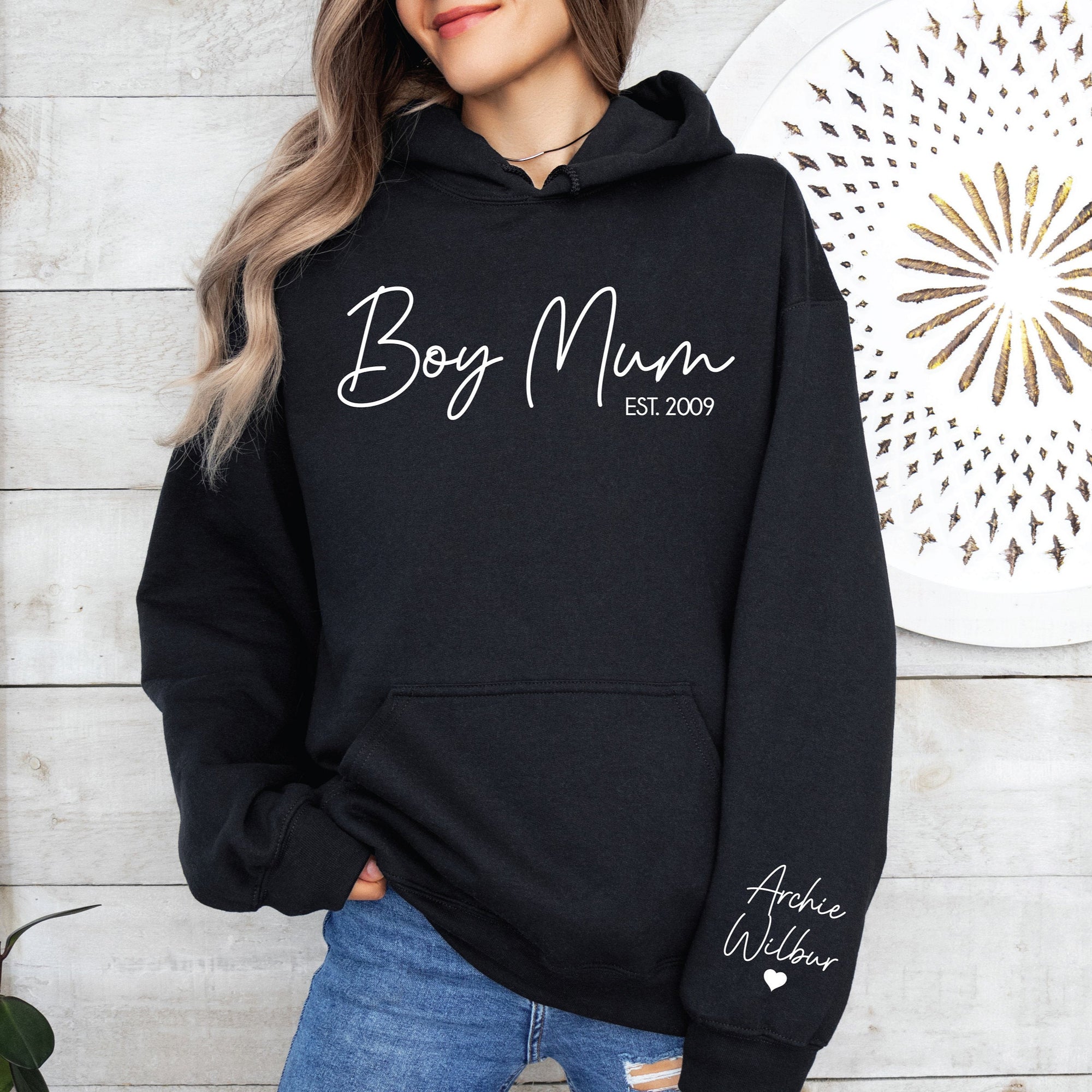 Boy Mum Hoodie With Name On Sleeve, Mama Est Sweatshirt, Mothers Day Gift, Personalised Mum Gift, Mum Life Sweat, New Mum Hoody, Mum of Boys