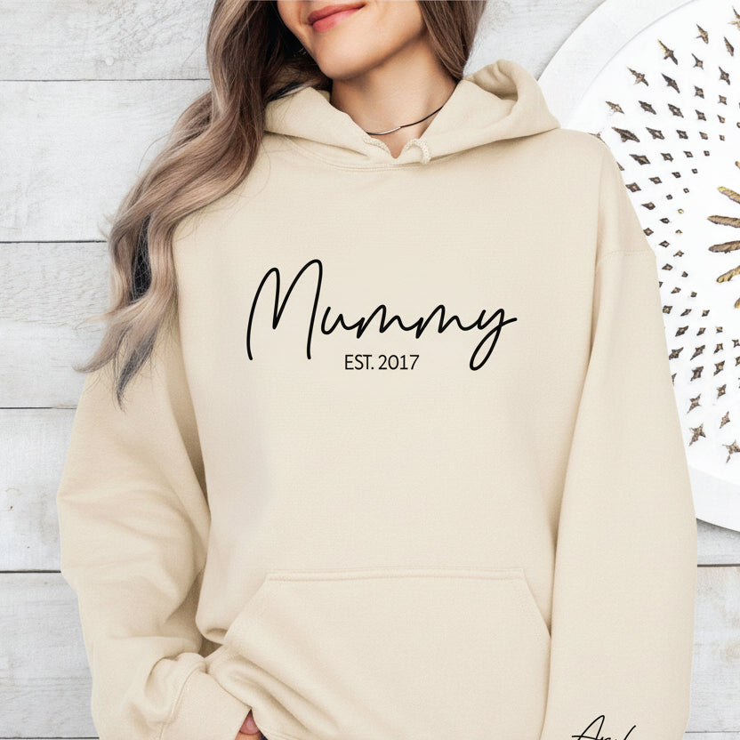 Personalised mummy hoodie with custom est year and sleeve names cream pullover Australia