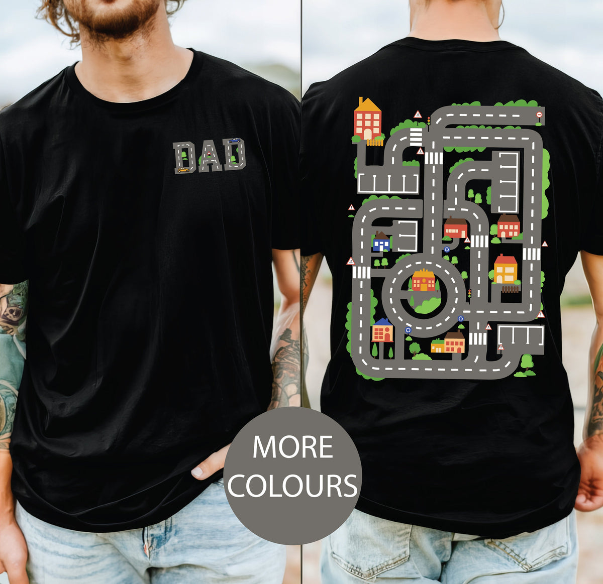 Dad&#39;s Car Track T-Shirt, Front And Back Print, Cars On Daddy&#39;s Back, Funny Father&#39;s Day Gift, Racing Dad, Mechanic Dad, Back Massage TShirt