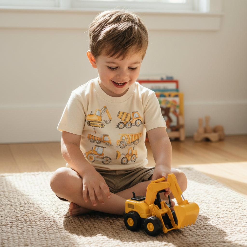 Cream kids t-shirt with soft watercolour design of six yellow construction trucks including excavator, cement mixer, dump trucks and front loader