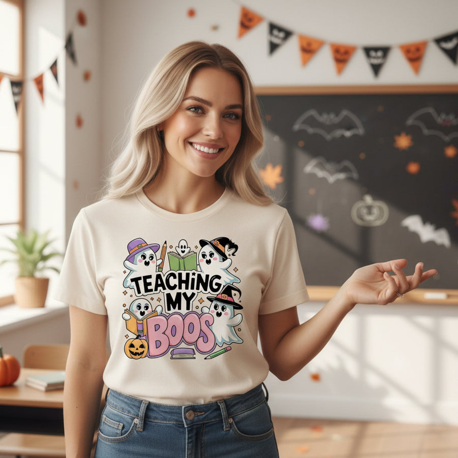 Natural t-shirt with cute ghosts in witch hats and books reading Teaching My Boos.
