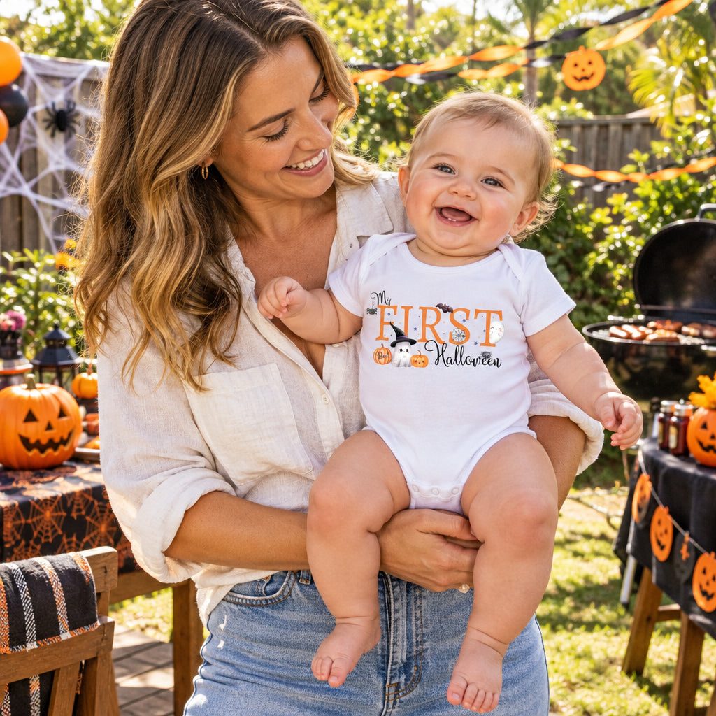 White baby bodysuit with "My First Halloween" design featuring a ghost in a witch's hat, pumpkins, bat and spiders