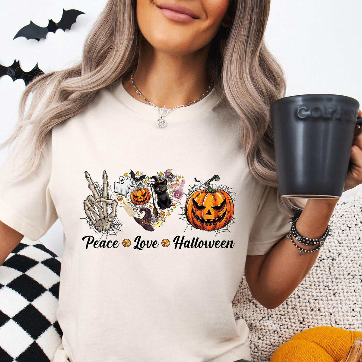 Peace Love Halloween T-Shirt, Halloween T-Shirt, Funny Halloween Shirt, Trick Or Treat, Skeleton T-Shirt, Pumpkin T-Shirt