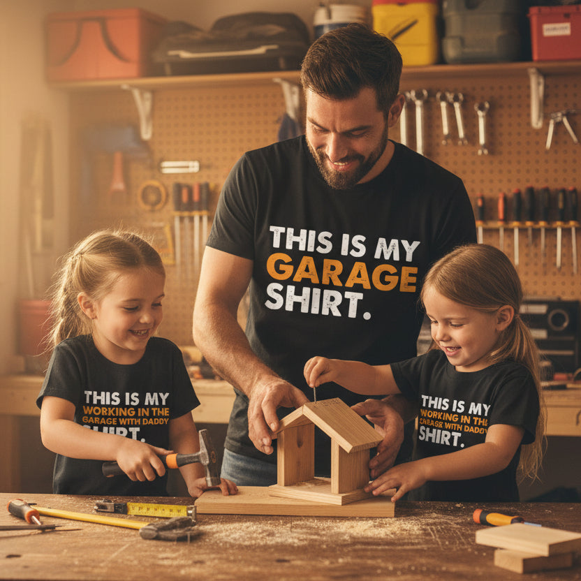 Two black t-shirts with text on a wooden surface, featuring promotional text about color and size options.