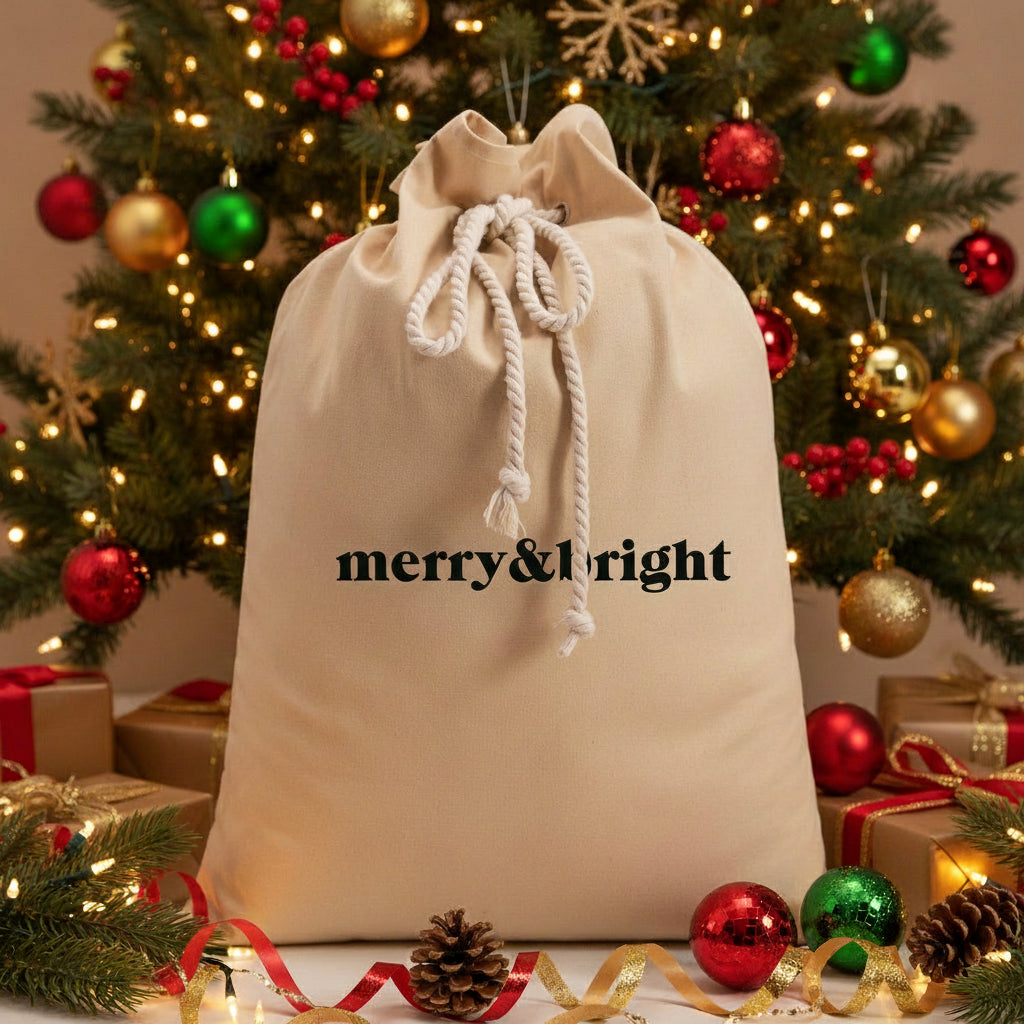 Merry &amp; Bright Santa Sack, Minimalist Santa Sack, 50cm x 70cm, Quality Cotton Linen, Christmas Gift Bag, Christmas Keepsake, Xmas Stocking