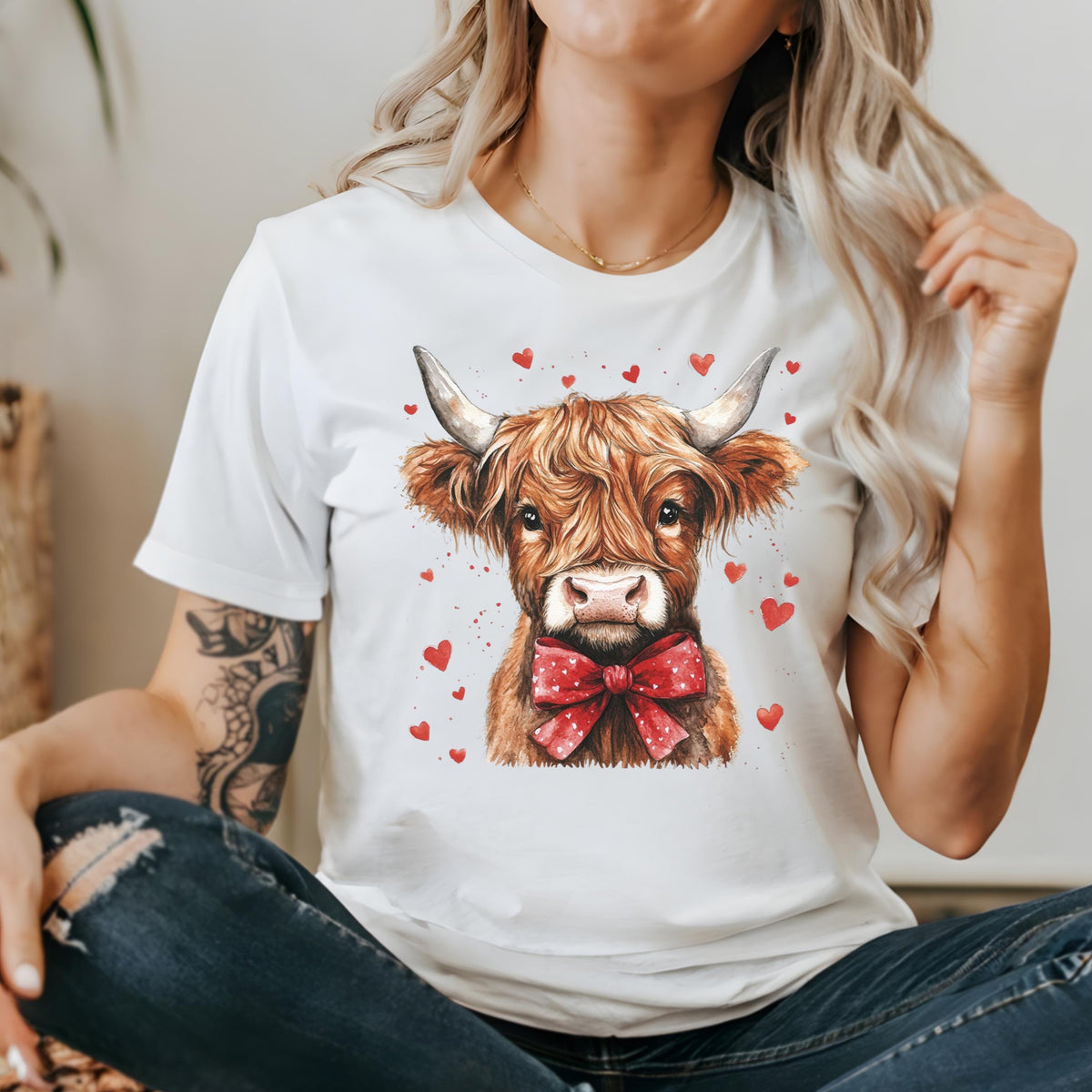 Cute Cow T-Shirt, Highland Cattle Valentine&#39;s Day T-Shirt, Valentine&#39;s Day T-Shirt, Highland Cow T-Shirt, Coquette Valentine&#39;s T-Shirt