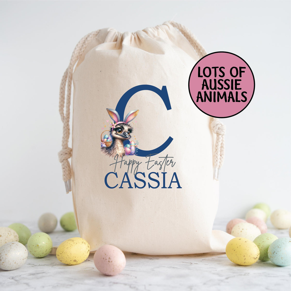 Personalised Easter Sack, Australian Animal Alphabet Egg Hunt Bag, 50cm x 70cm, High Quality Cotton Linen, Easter Gift Bag, Easter Keepsake