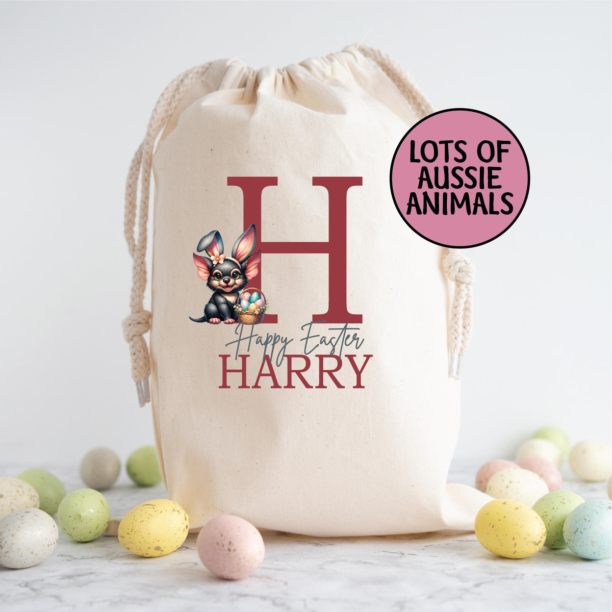 Personalised Easter Sack, Australian Animal Alphabet Egg Hunt Bag, 50cm x 70cm, High Quality Cotton Linen, Easter Gift Bag, Easter Keepsake