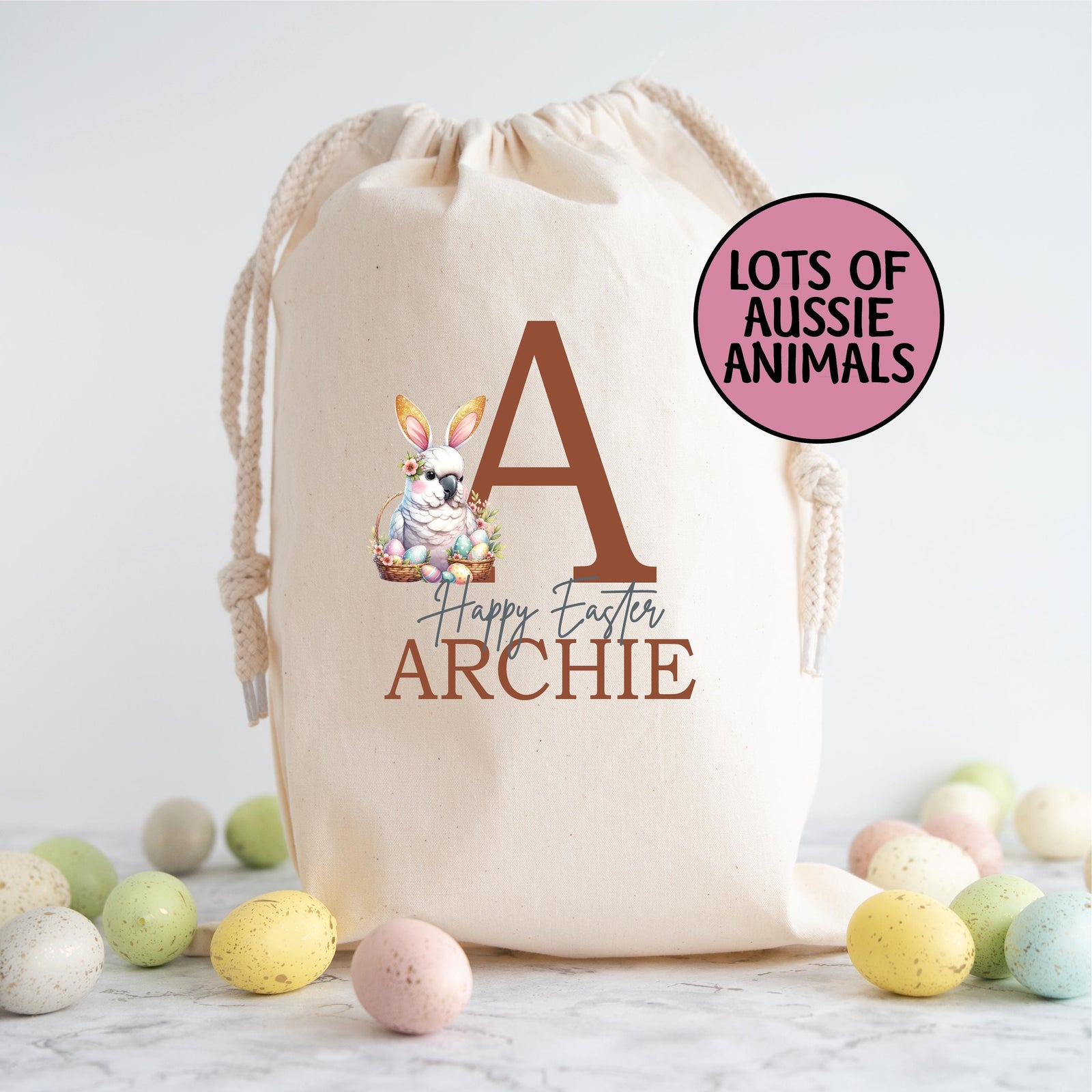 Personalised Easter Sack, Australian Animal Alphabet Egg Hunt Bag, 50cm x 70cm, High Quality Cotton Linen, Easter Gift Bag, Easter Keepsake