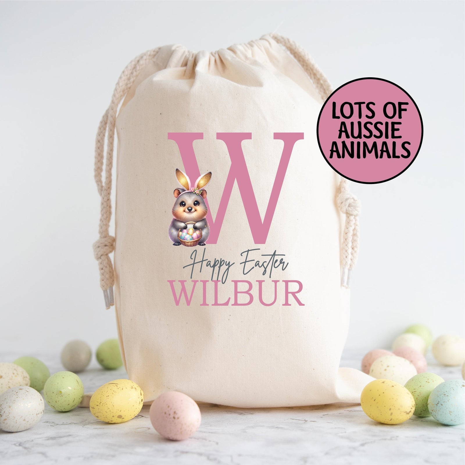 Personalised Easter Sack, Australian Animal Alphabet Egg Hunt Bag, 50cm x 70cm, High Quality Cotton Linen, Easter Gift Bag, Easter Keepsake